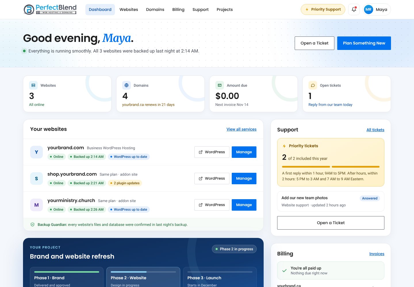 Your client area dashboard: your websites, domains, billing and support in one view