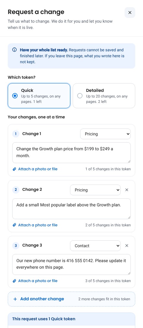The Request a change panel: pick a token and list your changes one at a time