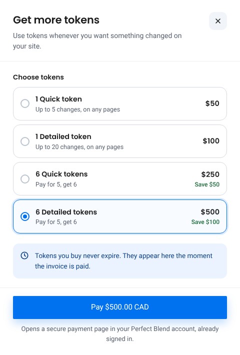 The Get more tokens panel in your WordPress dashboard