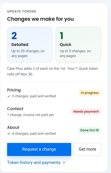 Your update tokens and the status of each request